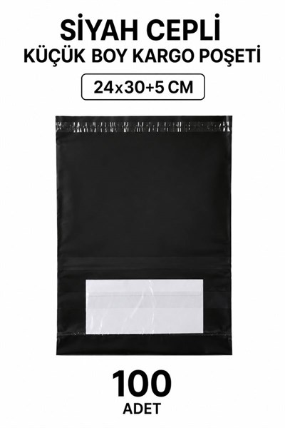 Siyah Cepli Küçük Boy Kargo Poşeti 24x30+5 Cm 100 Adet