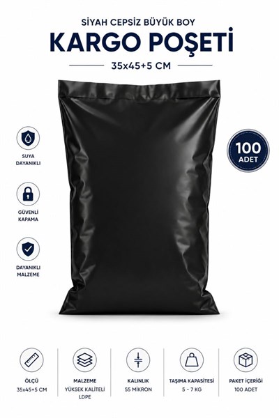 Siyah Cepsiz Büyük Boy Kargo Poşeti 35x45+5 Cm 100 Adet