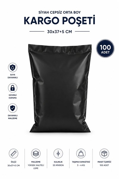 Siyah Cepsiz Orta Boy Kargo Poşeti 30x37+5 Cm 100 Adet