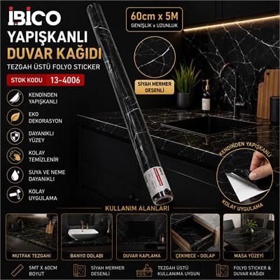 Siyah Mermer Desenli Kendinden Yapışkanlı Folyo Sticker 5m x 60cm