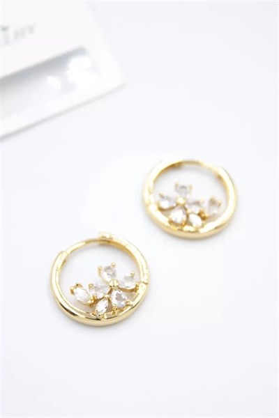 Taşlı Çiçek Küpe - Altın