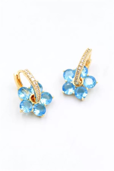 Taşlı Çiçek Küpe - Mavi