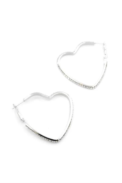 Taşlı Kalp Halka Küpe - Gümüş