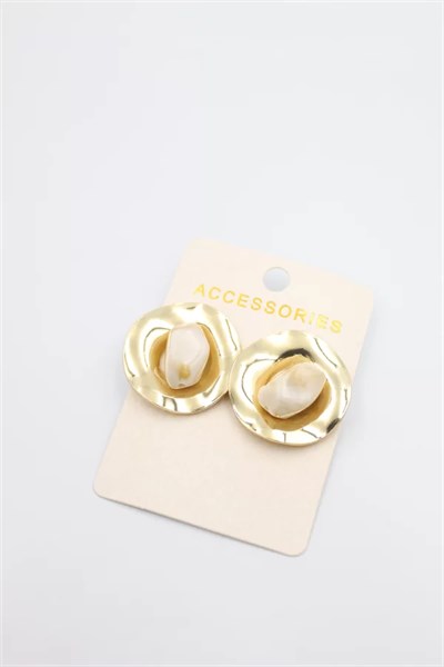 Taşlı Metal Küpe - Krem