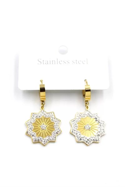 Taşlı Yıldız Çelik Halka Küpe - Altın