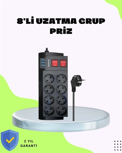 Termal Korumalı 8 Prizli 3 USB’li Uzatma Kablosu