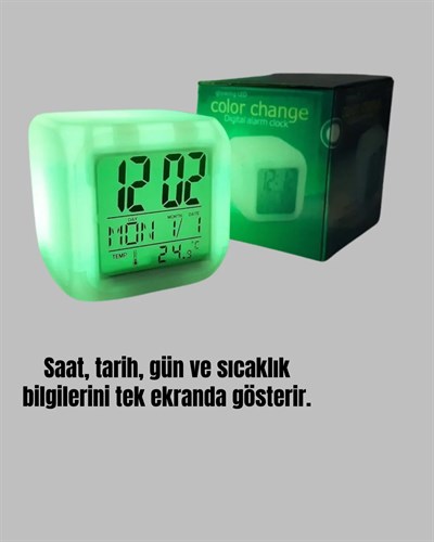 Termometre ve Takvim Özellikli 7 Renk Değiştiren Küp Alarm Saati