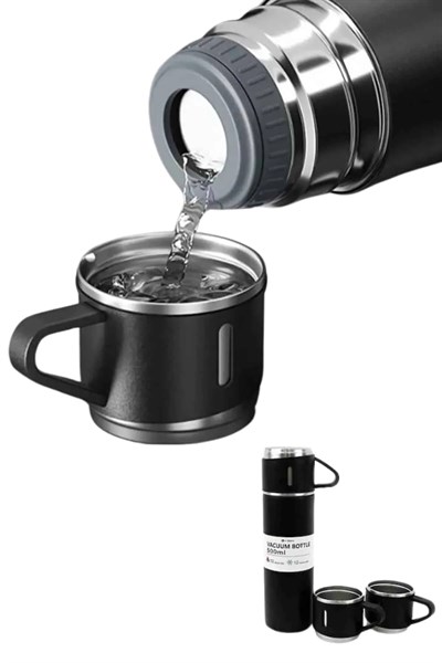 Termos Paslanmaz Çelik Termos Siyah Renk 3 Bardaklı Termos Seti