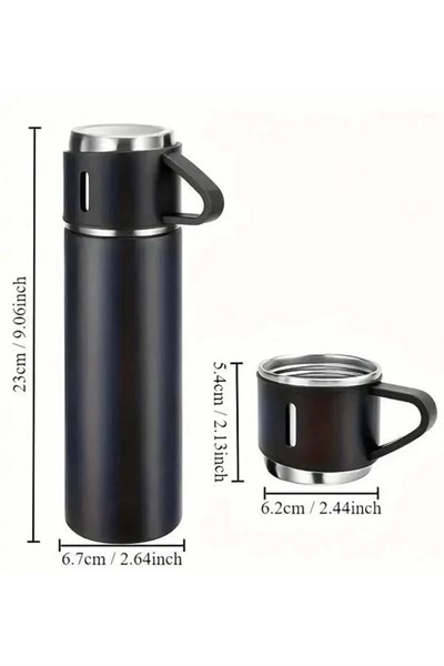 Termos Seti 3lü Bardak Seti Isı Dayanıklı Siyah Paslanmaz Çelik Vakumlu