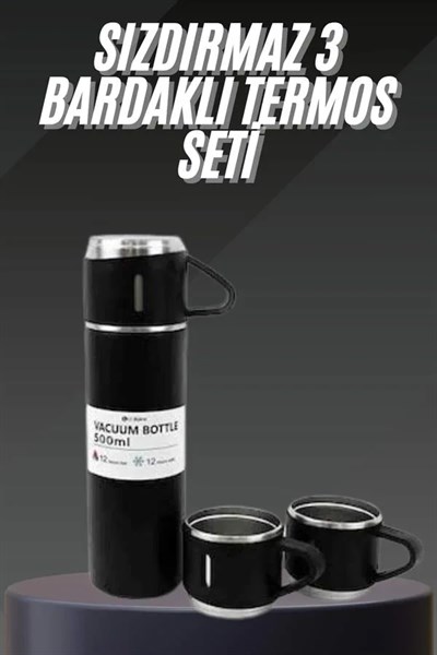 Termos Seti Paslanmaz Çelik 3 Bardaklı Vakumlu Termos Set 500 Ml 12 Saate Kadar Isı Koruma