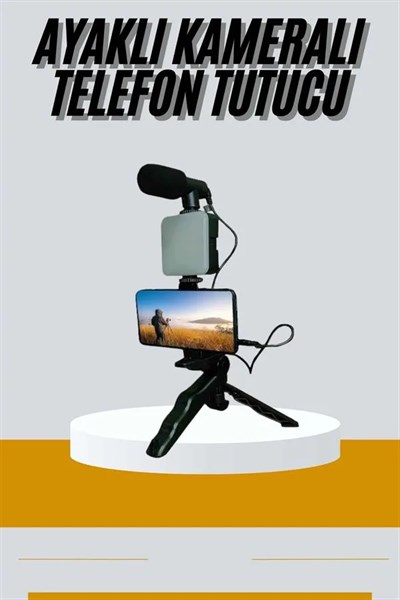Tripod Telefon Tutucu Kumandalı Mikrofon Led Işık Vlog Video Kayıt