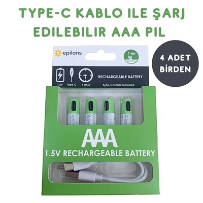 Type-C ile Şarjolabilen 4 lü AAA 1.5V Lityum İnce Şarjlı Kalem Pil 750 mAH Uzun Ömürlü