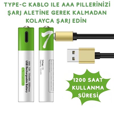Type-C ile Şarjolabilen 4 lü AAA 1.5V Lityum İnce Şarjlı Kalem Pil 750 mAH Uzun Ömürlü