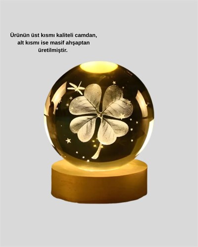 USB Bağlantılı Yonca Bitkili Cam Küre Ahşap Altlıklı Dekoratif Lamba