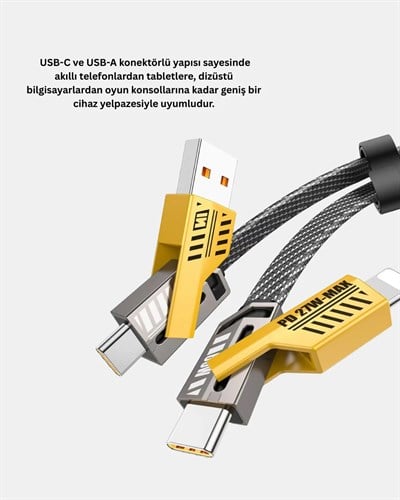 USB-C USB-A 4’ü 1 Arada Örgülü Kablo 65W Hızlı Şarj Metal Uç Dayanıklı