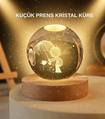 USB LED 3D Küçük Prens Kristal Küre Ahşap Standlı Gece Lambası