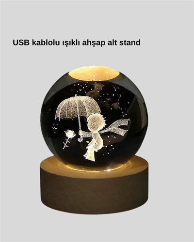 USB LED 3D Küçük Prens Kristal Küre Ahşap Standlı Gece Lambası