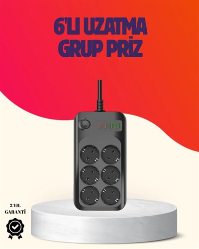 USB Type-C Destekli Termal Korumalı 6’lı Uzatma Priz 10A 2m