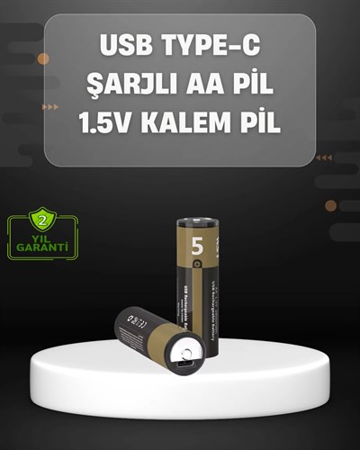 USB Type-C Girişli Şarjlı AA Lityum Pil | 1.5V Sabit Çıkış | 3200mWh (2li Paket)