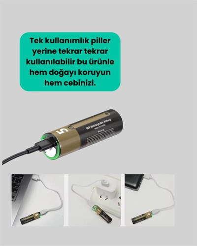USB Type-C Girişli Şarjlı AA Lityum Pil | 1.5V Sabit Çıkış | 3200mWh (2li Paket)