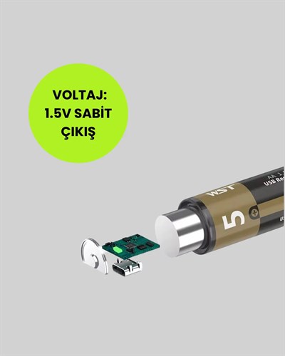 USB Type-C Girişli Şarjlı AA Lityum Pil | 1.5V Sabit Çıkış | 3200mWh (2li Paket)