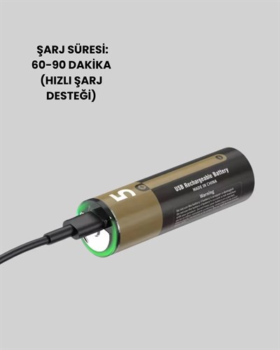 USB Type-C Girişli Şarjlı AA Lityum Pil | 1.5V Sabit Çıkış | 3200mWh (2li Paket)