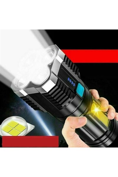 Ultra Parlak El Feneri Usb Şarj 4 Led+Yan Cob Led Taktik Günlük Hayat Kamp Avcılık El Feneri
