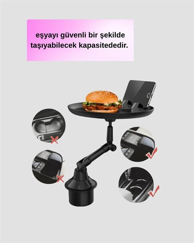 Universal Araç İçi Bardaklık Tepsisi 9 İnç Yemek Alanı ve Telefon Standlı