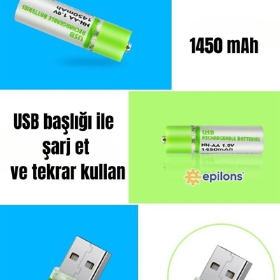 Usb ile Şarj Olabilen 2 li 1450 mah Lityum Şarjlı Kalem Pil