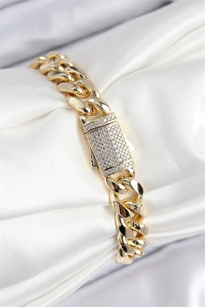 VIP Pirinç Zirkon Taşlı Klasik Zincir Model Gold Renk Kadın Bileklik