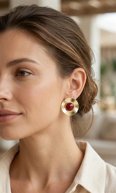 Vintage Model Bordo Gold Renk Pirinç Kadın Küpe