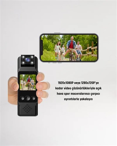 WiFi Destekli Mini Kamera – 180° Dönebilen Lens, 1080P Video, TFT Ekranlı