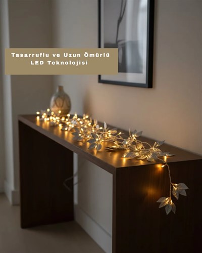 Yaldızlı Gümüş Yaprak LED Işık Pilli Dekoratif Ortam ve Yılbaşı Aydınlatması