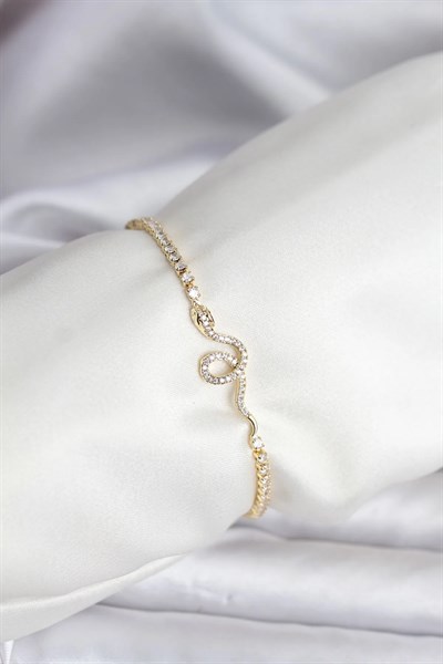 Yılan Model Zirkon Taşlı Gold Renk Pirinç Su Yolu Kadın Bileklik