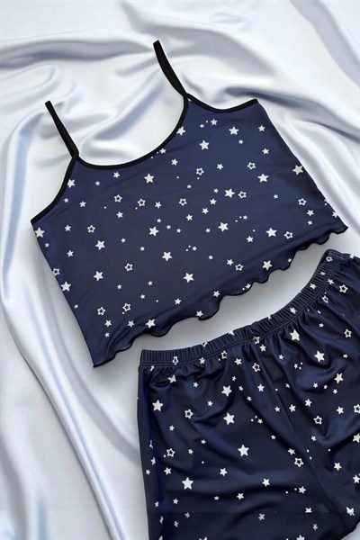 Yıldız Desenli Lacivert Şortlu Pijama Takımı