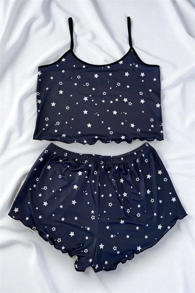 Yıldız Desenli Lacivert Şortlu Pijama Takımı