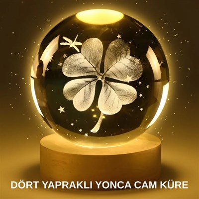 Yonca Bitki Figürlü LED Işıklı Cam Küre USB Ahşap Standlı Gece Lambası