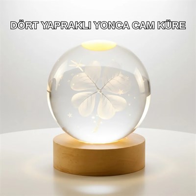 Yonca Figürlü Cam Küre USB Işıklı Ahşap Tabanlı Dekoratif Masa Lambası