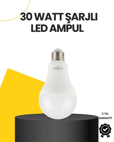 Yüksek Işık Güçlü Şarjlı LED Ampul E27 30W Enerji Tasarruflu