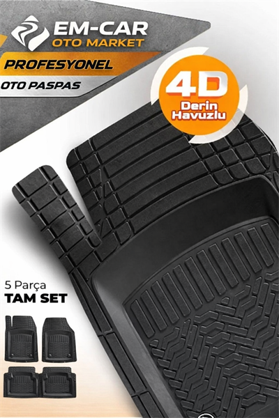 4D Derin Havuzlu %100 Termo Kauçuk Kaydırmazlı Siyah Renk Oto Paspas