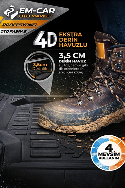 4D Derin Havuzlu %100 Termo Kauçuk Kaydırmazlı Siyah Renk Oto Paspas
