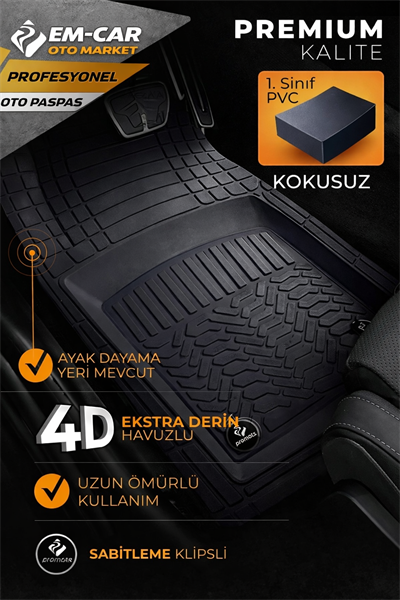 4D Derin Havuzlu %100 Termo Kauçuk Kaydırmazlı Siyah Renk Oto Paspas