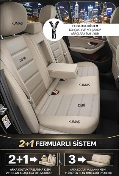 Bej Renk Deri Oto Koltuk Kılıfı - 5 Koltuk Tam Set