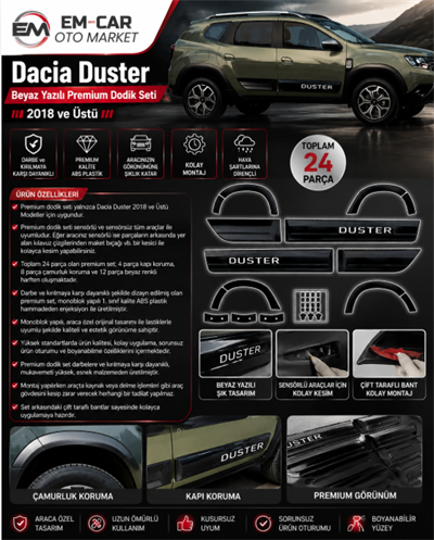 Dacia Duster 2018 ve Üstü Beyaz Yazılı Premium Kapı ve Çamurluk Koruma Dodik Seti