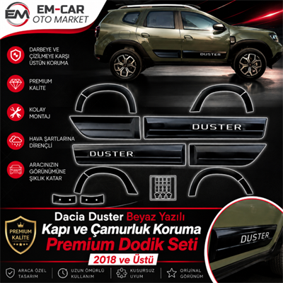 Dacia Duster 2018 ve Üstü Beyaz Yazılı Premium Kapı ve Çamurluk Koruma Dodik Seti