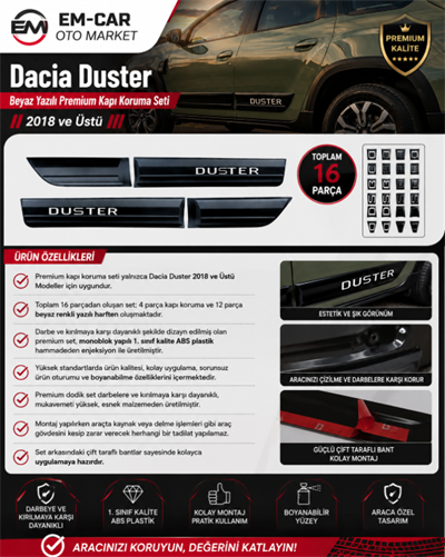 Dacia Duster 2018 ve Üstü Beyaz Yazılı Premium Kapı Koruma Seti