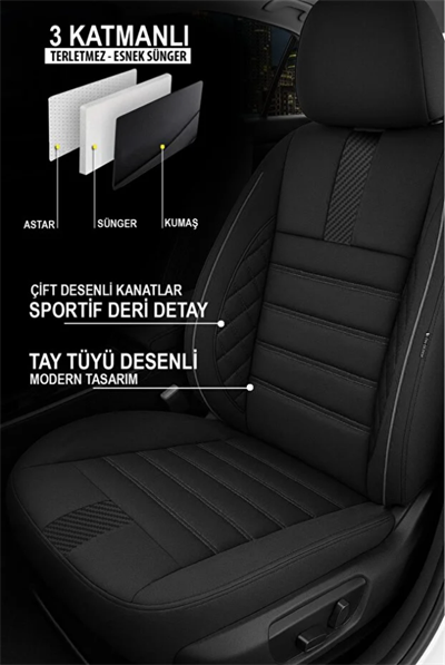 Koyu Siyah Tay Tüyü Oto Koltuk Kılıfı - 5 Koltuk Tam Set