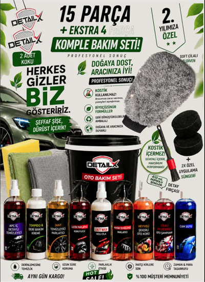 Oto Yıkama Ve Bakım Seti 15 Parça Lastik Torpido Full Temizlik Seti Premium Detay Fırçası Dahil