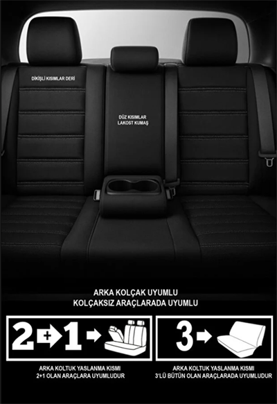 Siyah Beyaz Deri Oto Koltuk Kılıfı - Bel Destekli -  5 Koltuk Tam Set