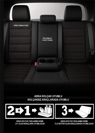 Siyah Kırmızı Deri Oto Koltuk Kılıfı - Bel Destekli -  5 Koltuk Tam Set